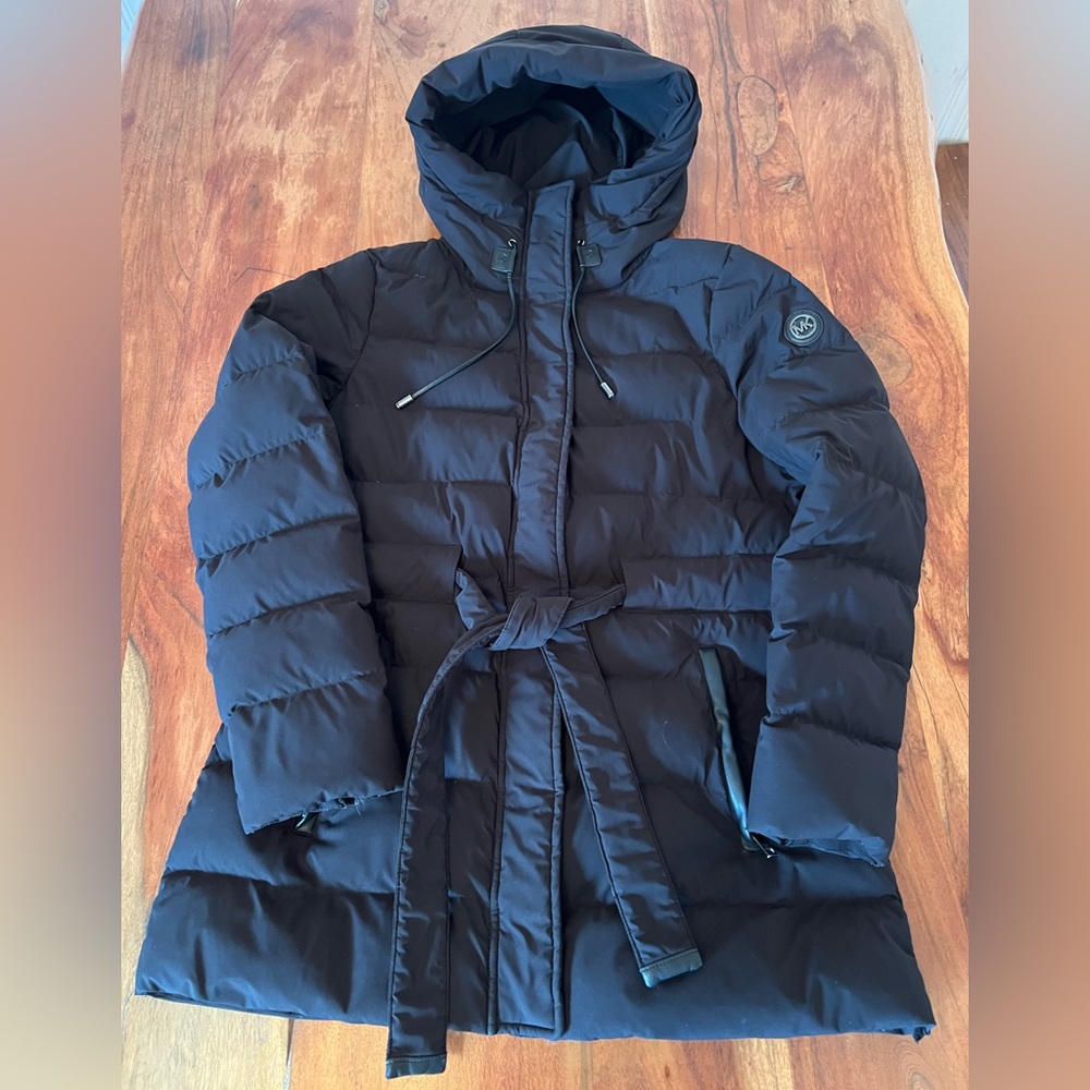 MICHAEL Michael Kors Black Puffer Coat with Belted Waist